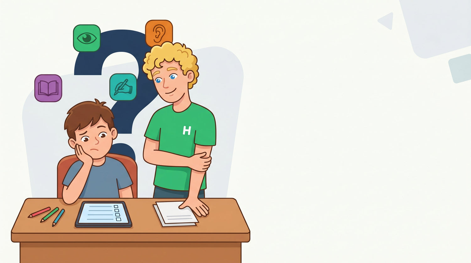Schulkind macht am Tablet einen Lerntyp-Test, daneben Symbole fuer Sehen, Hoeren, Lesen und Handeln