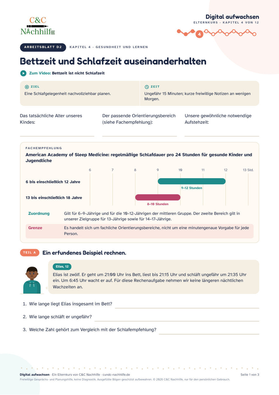 Arbeitsblatt D2: Bettzeit und Schlafzeit auseinanderhalten